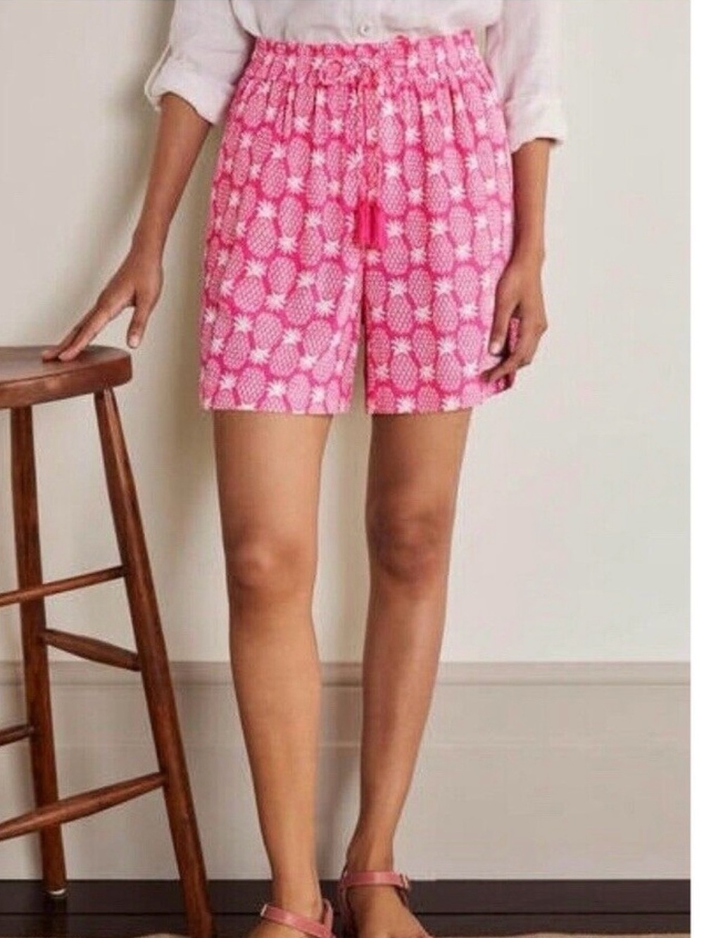 Boden Bembridge Pink Pineapple Shorts, Pull On Crinkle Fabric, Tassels